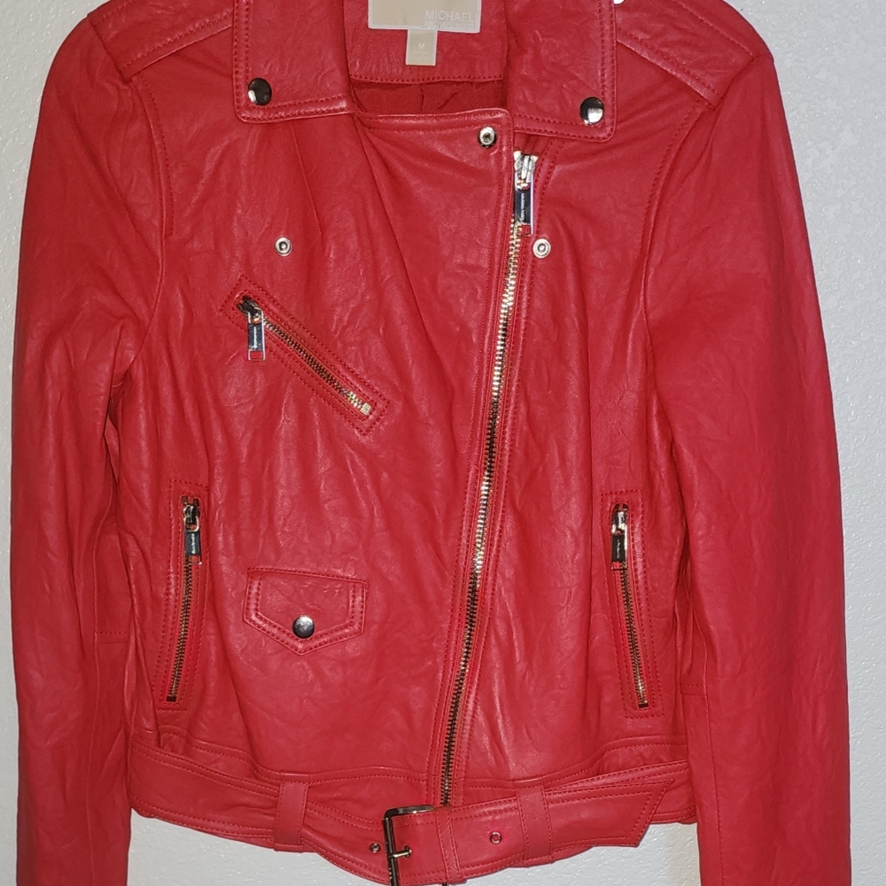 Michael KORS Europe Red Leather Moto Jacket